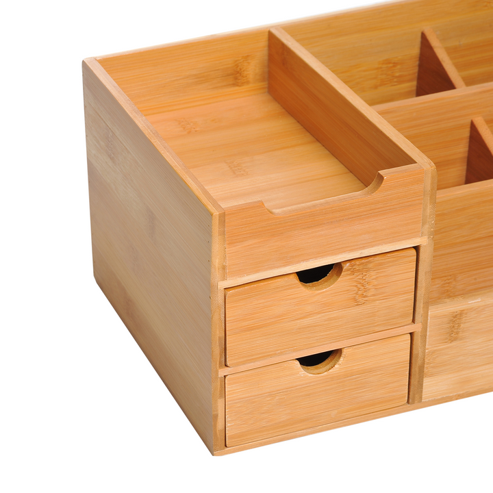 Bamboo Desk Organizer with 7 Compartments and 2 Drawers - Multi-Function Storage Caddy for Home Office Supplies - Premium  from Home Treasures - Just £26.99! Shop now at Home Treasures