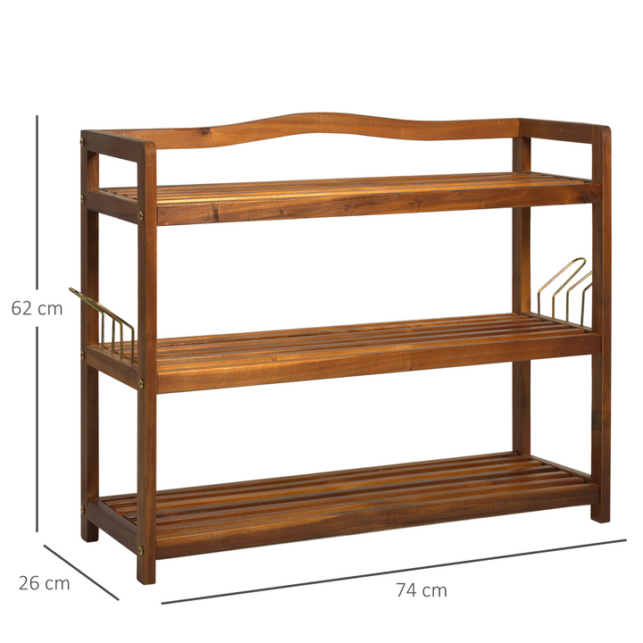 3-Tier Acacia Wooden Shoe Rack with 2 Hangers - Holds Up to 12 Pairs, Durable Teak Finish (74 x 26 x 62 cm) - Premium  from Home Treasures - Just £56.99! Shop now at Home Treasures