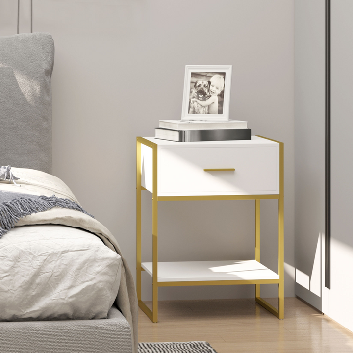 Modern Bedside Table with Drawer and Shelf, White and Gold Nightstand for Living Room & Bedroom - Premium  from Home Treasures - Just £64.99! Shop now at Home Treasures