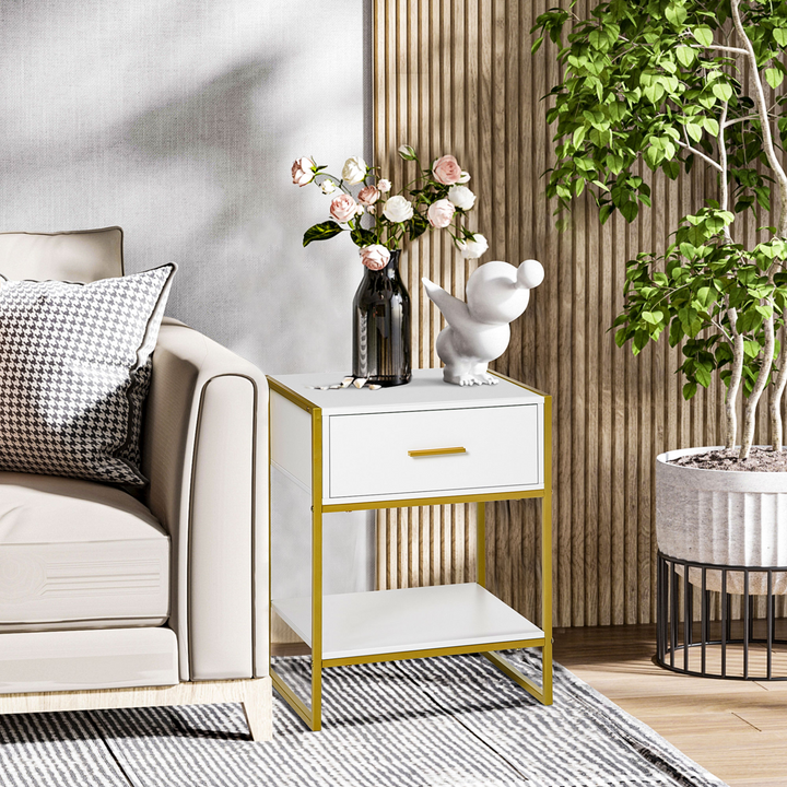 Modern Bedside Table with Drawer and Shelf, White and Gold Nightstand for Living Room & Bedroom - Premium  from Home Treasures - Just £64.99! Shop now at Home Treasures