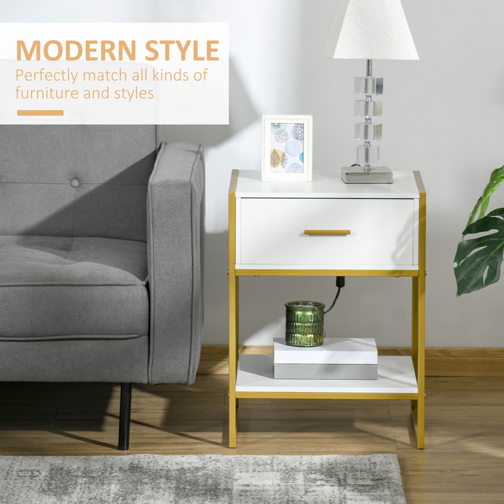 Modern Bedside Table with Drawer and Shelf, White and Gold Nightstand for Living Room & Bedroom - Premium  from Home Treasures - Just £64.99! Shop now at Home Treasures