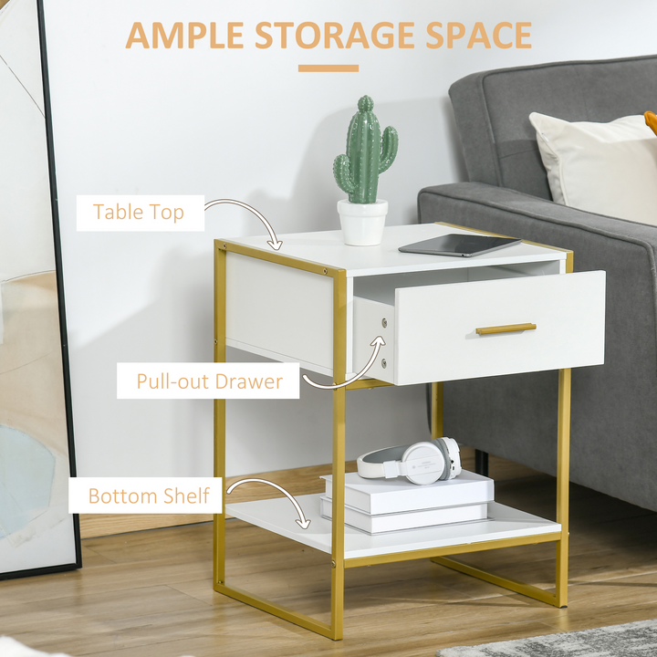 Modern Bedside Table with Drawer and Shelf, White and Gold Nightstand for Living Room & Bedroom - Premium  from Home Treasures - Just £64.99! Shop now at Home Treasures