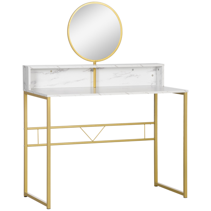 Elegant Modern Dressing Table with Round Mirror - Stylish Vanity Makeup Desk with Faux Marble Texture & Steel Frame, White - Premium  from Home Treasures - Just £101.99! Shop now at Home Treasures