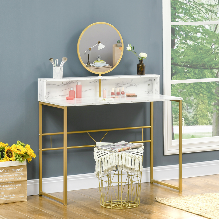 Elegant Modern Dressing Table with Round Mirror - Stylish Vanity Makeup Desk with Faux Marble Texture & Steel Frame, White - Premium  from Home Treasures - Just £101.99! Shop now at Home Treasures