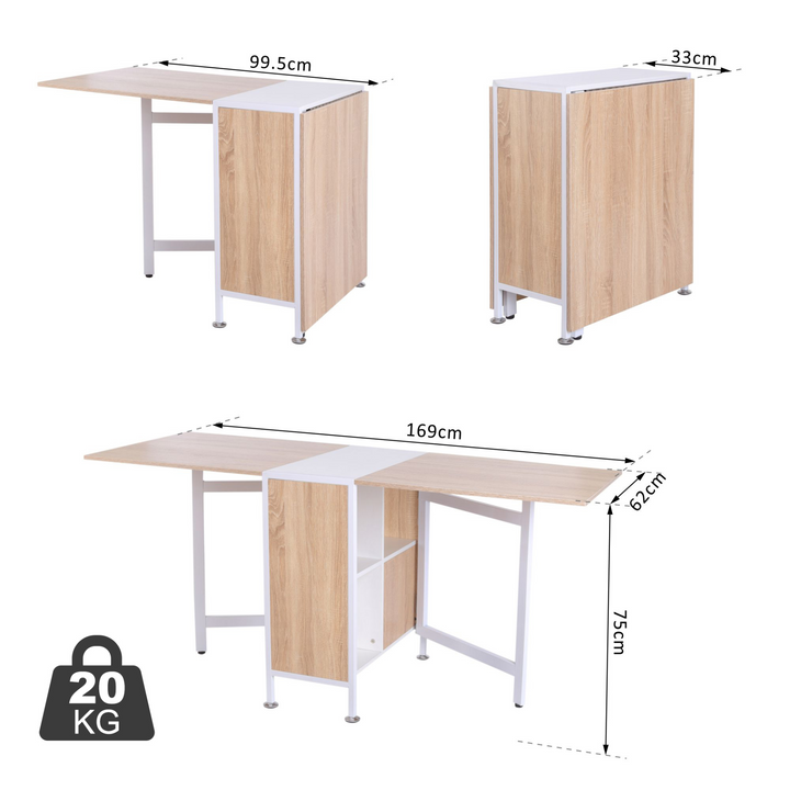 Foldable Drop Leaf Dining Table & Workstation with Storage Shelves - Oak & White Finish - Premium  from Home Treasures - Just £131.99! Shop now at Home Treasures