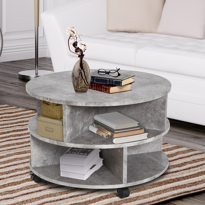 2-Tier Round Side End Table with Divided Shelves & Wheels - Cement Colour, Perfect for Living Room, Bedroom, and Study - Premium  from Home Treasures - Just £84.99! Shop now at Home Treasures