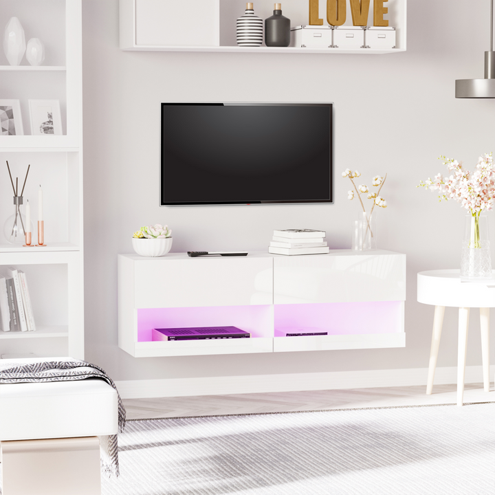 High Gloss Floating TV Unit/Cabinet with LED Lights and Ample Storage - 120 x 35 x 40.5 cm, Modern Wall-Mounted Media Console - Premium  from Home Treasures - Just £93.99! Shop now at Home Treasures