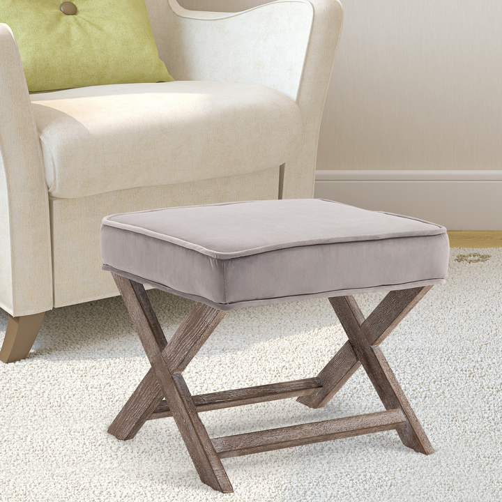 Elegant Vintage Footstool with Velvet Padded Seat - Shabby Chic Grey, Solid Rubber Wood Frame, 49.5 x 45 x 41 cm - Premium  from Home Treasures - Just £67.99! Shop now at Home Treasures