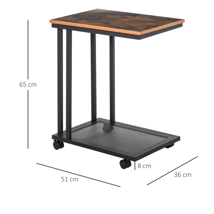 Rustic Brown C-Shaped Side Table with Wheels - Mobile End Table & Laptop Stand with Metal Frame and Storage Shelf - Premium  from Home Treasures - Just £39.99! Shop now at Home Treasures