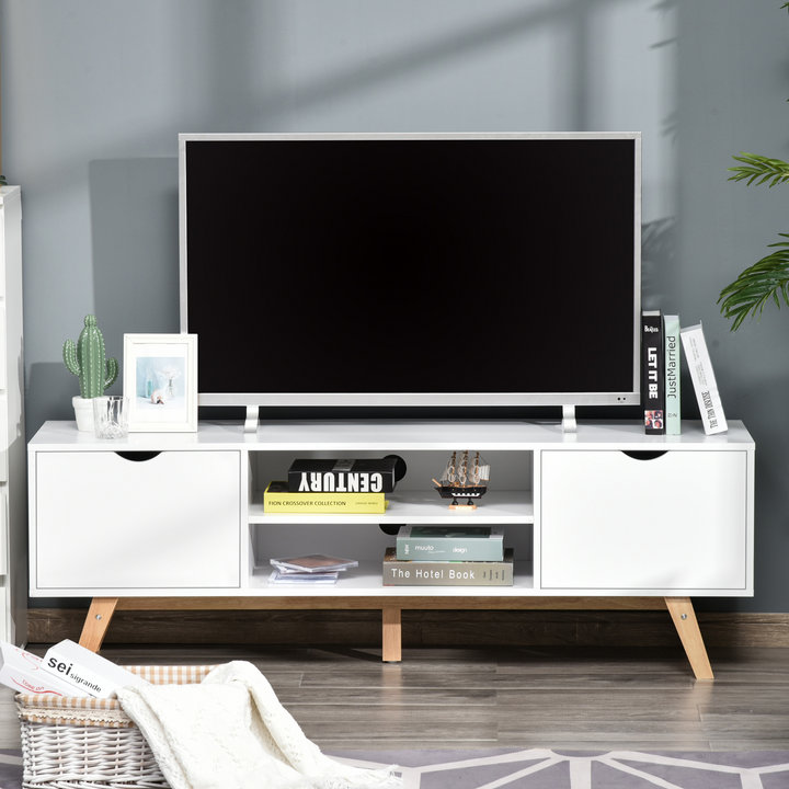 Modern TV Media Unit with Wood Legs, Shelves, and Cable Management for Living Room, White - Fits up to 65" TVs - Premium  from Home Treasures - Just £130.99! Shop now at Home Treasures