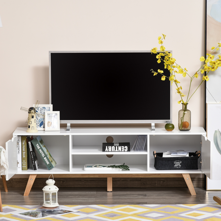 Modern TV Media Unit with Wood Legs, Shelves, and Cable Management for Living Room, White - Fits up to 65" TVs - Premium  from Home Treasures - Just £130.99! Shop now at Home Treasures