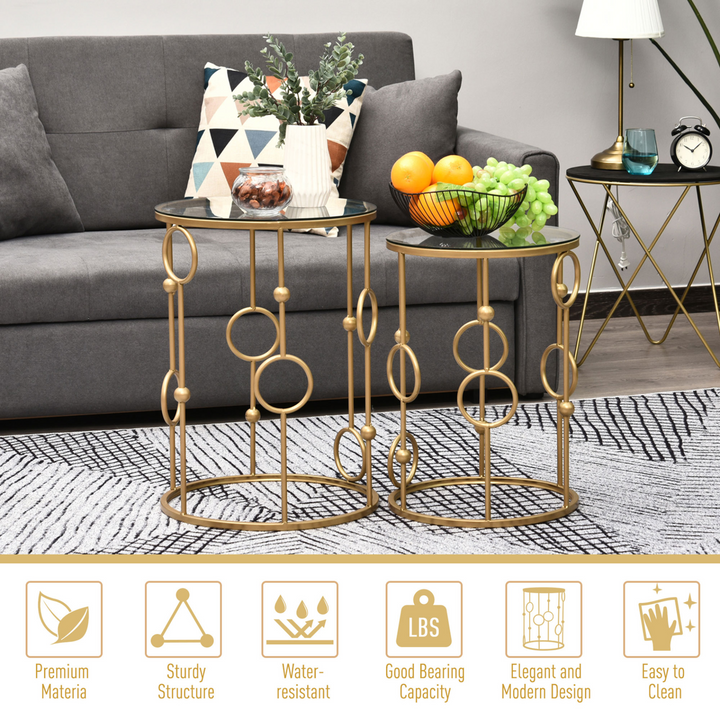 Elegant Gold Nesting Round Coffee Tables, Set of 2 with Tempered Glass Tops and Steel Frames for Living Room - Premium  from Home Treasures - Just £99.99! Shop now at Home Treasures