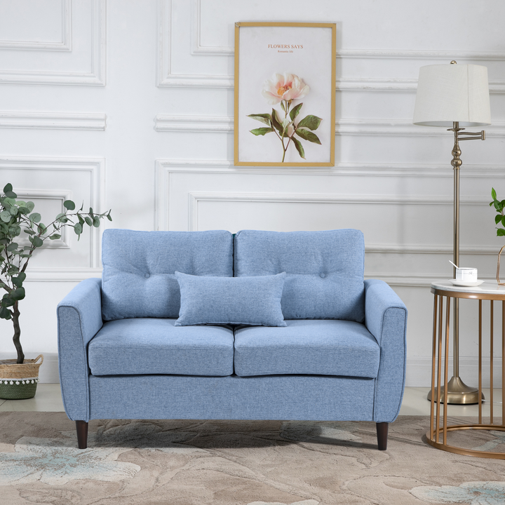 2 Seat Sofa Loveseat, Light Blue Fabric, Wooden Legs, Tufted Design – Perfect for Living Room & Office - Premium  from Home Treasures - Just £345.99! Shop now at Home Treasures