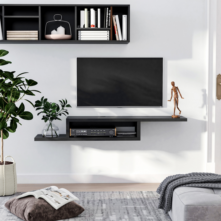 Sleek Black Wall Mounted Media Console - Modern Floating TV Stand with Cable Management - Premium  from Home Treasures - Just £65.99! Shop now at Home Treasures