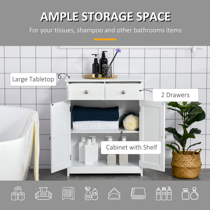 Retro Style Bathroom Storage Cabinet with 2 Drawers, White 60 x 30 x 75cm - Durable MDF, Adjustable Shelves & Water-Resistant Finish - Premium  from Home Treasures - Just £78.99! Shop now at Home Treasures