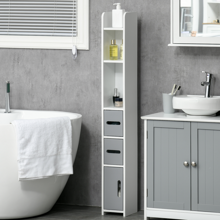 Modern Freestanding Tall Bathroom Storage Cabinet - Grey with Open Shelves & 3 Cupboards - Premium  from Home Treasures - Just £66.99! Shop now at Home Treasures