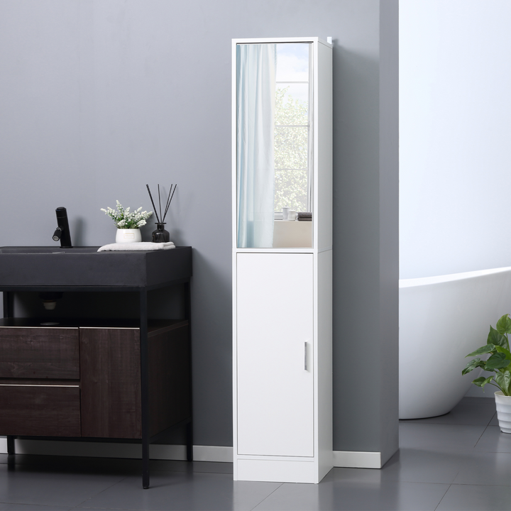 Tallboy Mirrored Bathroom Cabinet with Adjustable Shelf, Slimline White Storage Unit 162 x 32 x 28cm - Premium  from Home Treasures - Just £108.99! Shop now at Home Treasures