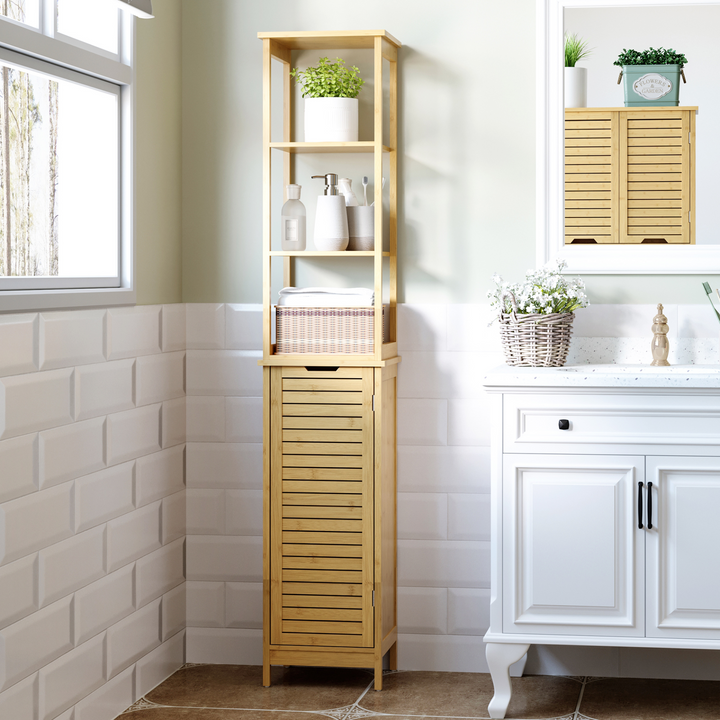 Slim Bathroom Floor Cabinet with 3 Shelves, Freestanding Storage Cupboard, Natural Bamboo Blend - Premium  from Home Treasures - Just £68.99! Shop now at Home Treasures