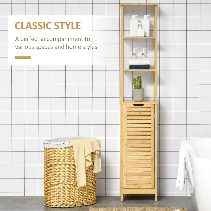 Slim Bathroom Floor Cabinet with 3 Shelves, Freestanding Storage Cupboard, Natural Bamboo Blend - Premium  from Home Treasures - Just £68.99! Shop now at Home Treasures