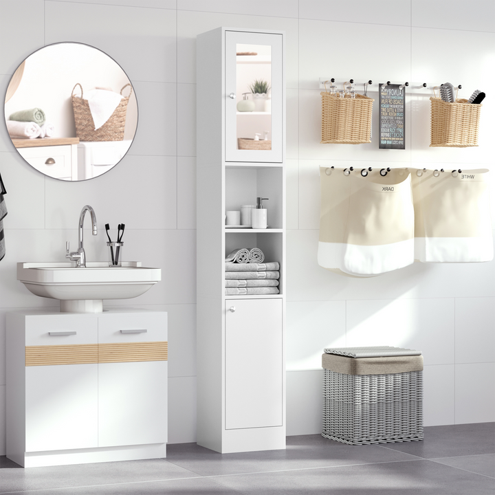 White Tallboy Bathroom Storage Cabinet with Mirror - 30 x 28 x 180cm | Space-Saving, Adjustable Storage Solution - Premium  from Home Treasures - Just £100.99! Shop now at Home Treasures