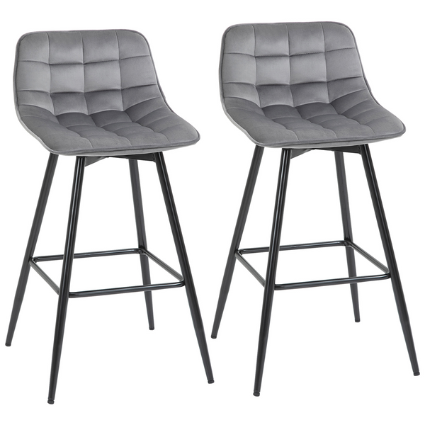 Set of 2 Velvet-Touch Bar Stools - Grey Fabric Upholstered Dining Chairs with Metal Legs & Backrest for Kitchen Counter - Premium  from Home Treasures - Just £112.99! Shop now at Home Treasures