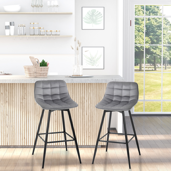 Set of 2 Velvet-Touch Bar Stools - Grey Fabric Upholstered Dining Chairs with Metal Legs & Backrest for Kitchen Counter - Premium  from Home Treasures - Just £112.99! Shop now at Home Treasures