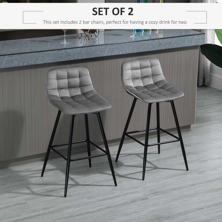 Set of 2 Velvet-Touch Bar Stools - Grey Fabric Upholstered Dining Chairs with Metal Legs & Backrest for Kitchen Counter - Premium  from Home Treasures - Just £112.99! Shop now at Home Treasures