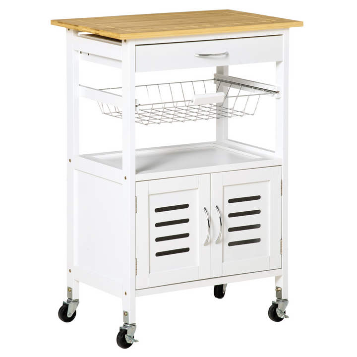 Rolling Kitchen Island Trolley Utility Cart with Bamboo Table Top, Storage Cabinet & Drawer - Premium  from Home Treasures - Just £94.99! Shop now at Home Treasures