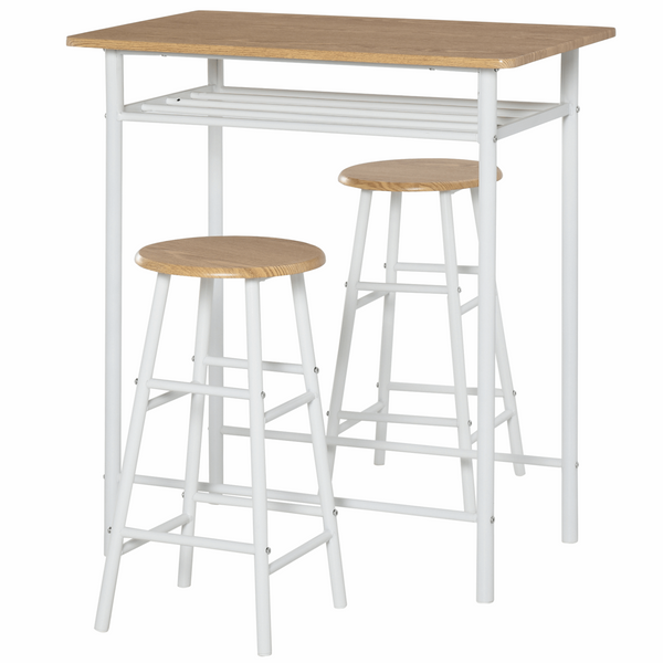 Stylish Bar Table and Stools Set with Footrest and Storage Shelf (White and Oak) - Perfect for Small Spaces - Premium  from Home Treasures - Just £97.99! Shop now at Home Treasures