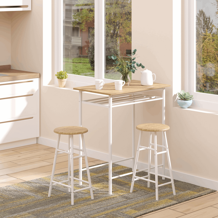 Stylish Bar Table and Stools Set with Footrest and Storage Shelf (White and Oak) - Perfect for Small Spaces - Premium  from Home Treasures - Just £97.99! Shop now at Home Treasures