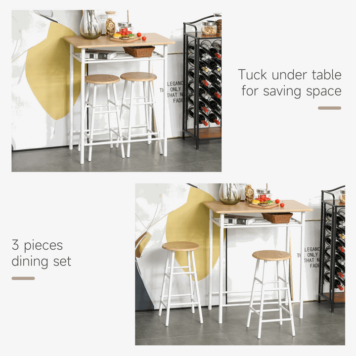 Stylish Bar Table and Stools Set with Footrest and Storage Shelf (White and Oak) - Perfect for Small Spaces - Premium  from Home Treasures - Just £97.99! Shop now at Home Treasures