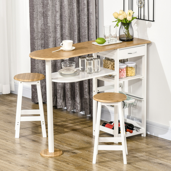 3 Piece Bar Table Set with Storage Shelf, Drawer, Wire Basket, and Wine Rack for Kitchen, Home Bar - Natural and White - Premium  from Home Treasures - Just £153.99! Shop now at Home Treasures