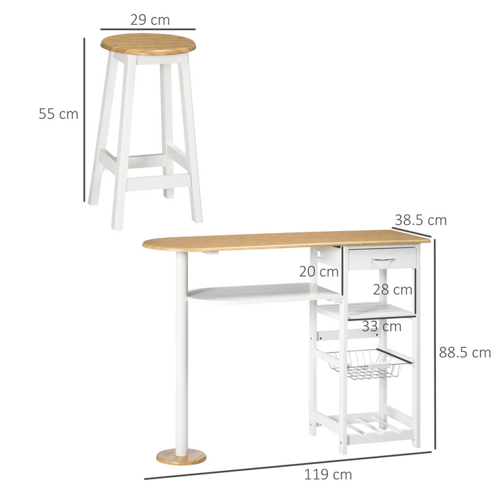 3 Piece Bar Table Set with Storage Shelf, Drawer, Wire Basket, and Wine Rack for Kitchen, Home Bar - Natural and White - Premium  from Home Treasures - Just £153.99! Shop now at Home Treasures