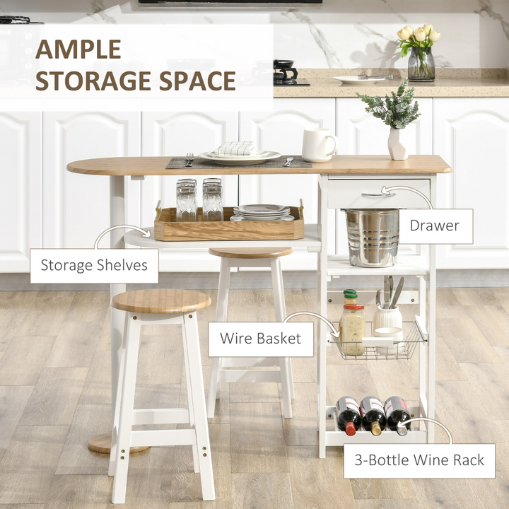 3 Piece Bar Table Set with Storage Shelf, Drawer, Wire Basket, and Wine Rack for Kitchen, Home Bar - Natural and White - Premium  from Home Treasures - Just £153.99! Shop now at Home Treasures