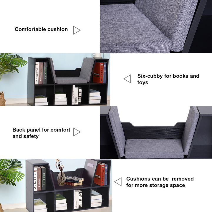 Stylish Black Bookcase Storage Shelf with Cushioned Reading Seat & Cube Organizer - Premium  from Home Treasures - Just £100.99! Shop now at Home Treasures