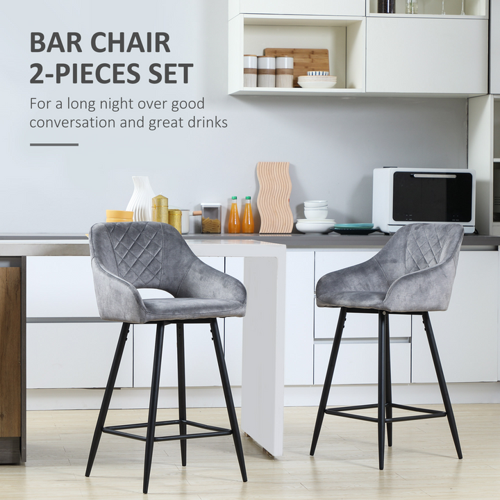 Set of 2 Grey Velvet-Touch Counter Height Bar Stools with Steel Legs – Elegant & Comfortable Kitchen Island Chairs - Premium  from Home Treasures - Just £178.99! Shop now at Home Treasures