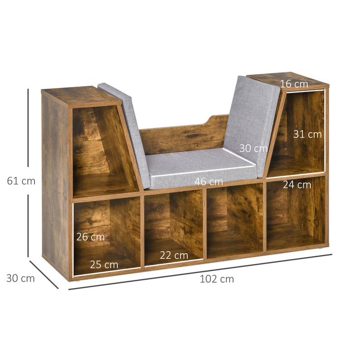 Rustic Brown Bookcase Storage Shelf with Cushioned Reading Seat - Cube Bookshelf Organizer for Bedroom & Living Room - Premium  from Home Treasures - Just £106.99! Shop now at Home Treasures