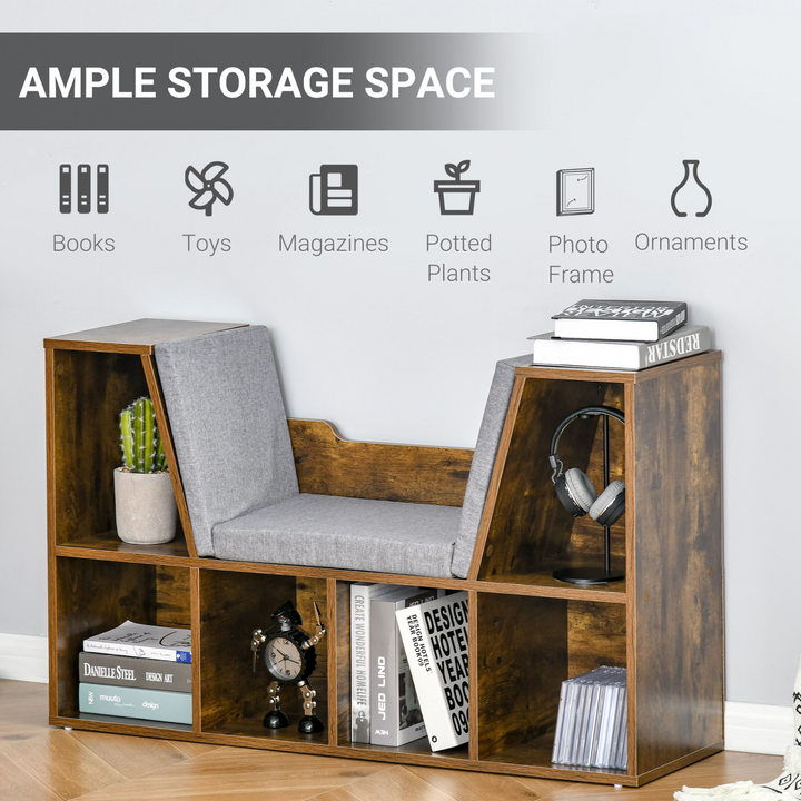 Rustic Brown Bookcase Storage Shelf with Cushioned Reading Seat - Cube Bookshelf Organizer for Bedroom & Living Room - Premium  from Home Treasures - Just £106.99! Shop now at Home Treasures