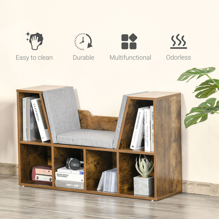 Rustic Brown Bookcase Storage Shelf with Cushioned Reading Seat - Cube Bookshelf Organizer for Bedroom & Living Room - Premium  from Home Treasures - Just £106.99! Shop now at Home Treasures