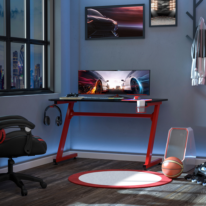 Gaming Desk with Steel Frame - Cup Holder, Headphone Hook, Adjustable Feet, Cable Organiser - Red Home Office Computer Table - Premium  from Home Treasures - Just £78.99! Shop now at Home Treasures