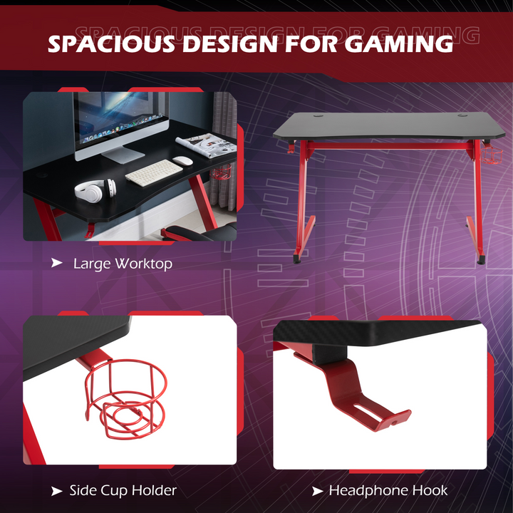 Gaming Desk with Steel Frame - Cup Holder, Headphone Hook, Adjustable Feet, Cable Organiser - Red Home Office Computer Table - Premium  from Home Treasures - Just £78.99! Shop now at Home Treasures