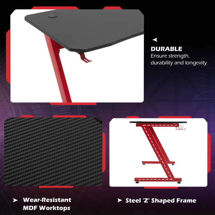 Gaming Desk with Steel Frame - Cup Holder, Headphone Hook, Adjustable Feet, Cable Organiser - Red Home Office Computer Table - Premium  from Home Treasures - Just £78.99! Shop now at Home Treasures