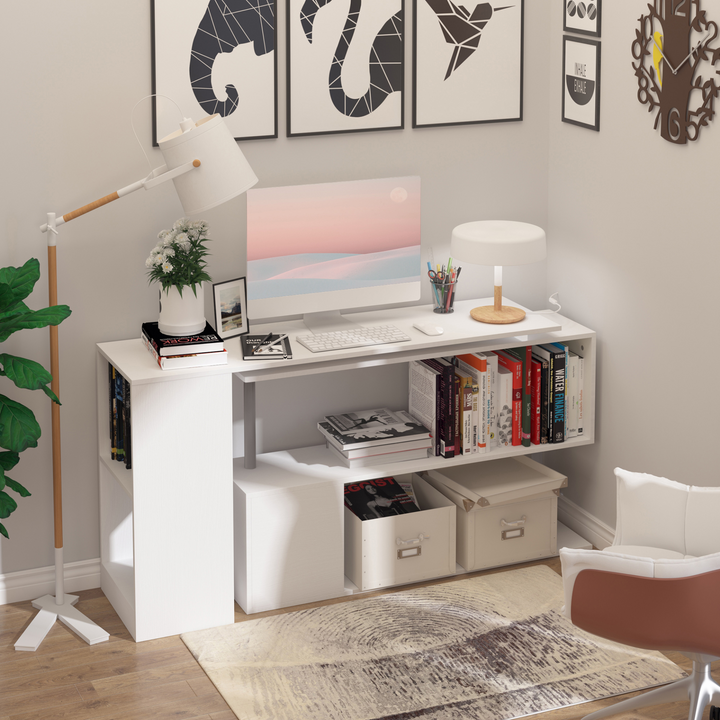 360 Degree Rotating L-Shaped Corner Desk with Storage Shelves, White - Ideal for Home Office, Dining Table, Laptop Workstation - Premium  from Home Treasures - Just £129.99! Shop now at Home Treasures