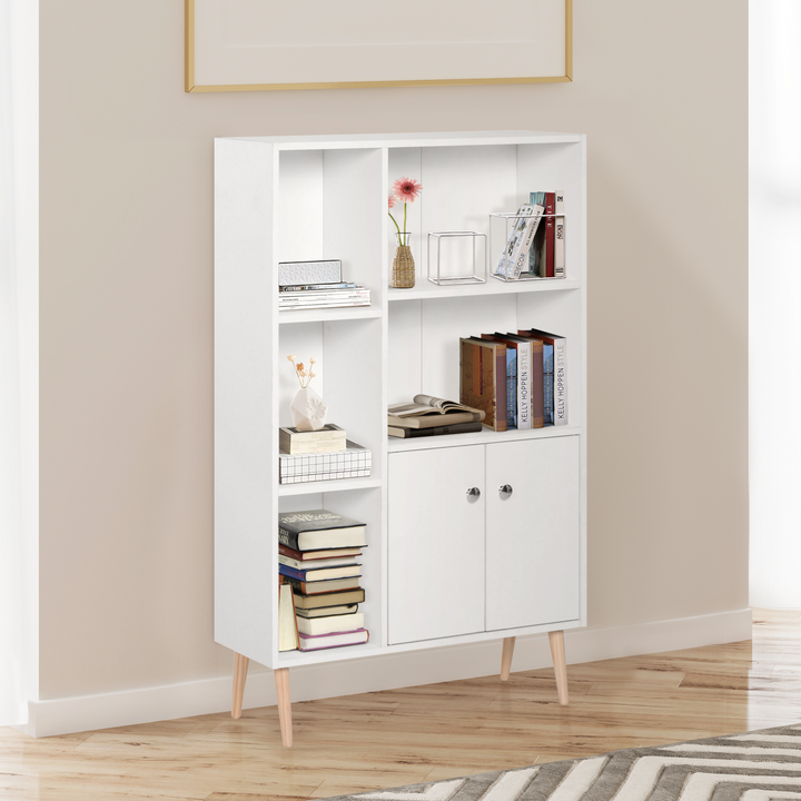 Stylish White Open Bookcase with Two Doors - 123cm x 80cm x 23.5cm - Modern Storage Solution for Home, Apartment, or Office - Premium  from Home Treasures - Just £80.99! Shop now at Home Treasures