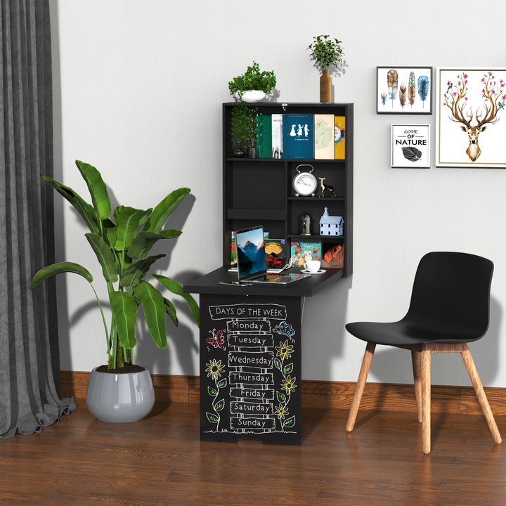 Folding Wall-Mounted Drop-Leaf Table with Chalkboard Shelf - Space-Saving Multifunctional Desk in Black - Premium  from Home Treasures - Just £82.99! Shop now at Home Treasures