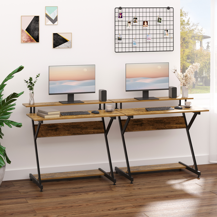 Compact Computer Table, Z Shape Desk with Monitor Shelf and Storage for Home Office, 100cm, Brown - Premium  from Home Treasures - Just £71.99! Shop now at Home Treasures