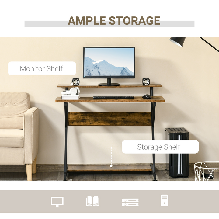 Compact Computer Table, Z Shape Desk with Monitor Shelf and Storage for Home Office, 100cm, Brown - Premium  from Home Treasures - Just £71.99! Shop now at Home Treasures