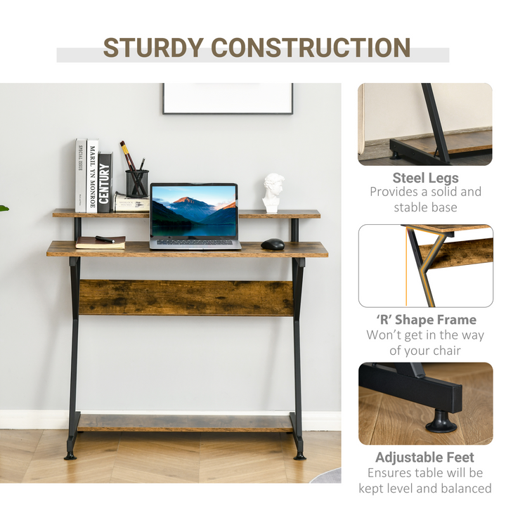 Compact Computer Table, Z Shape Desk with Monitor Shelf and Storage for Home Office, 100cm, Brown - Premium  from Home Treasures - Just £71.99! Shop now at Home Treasures