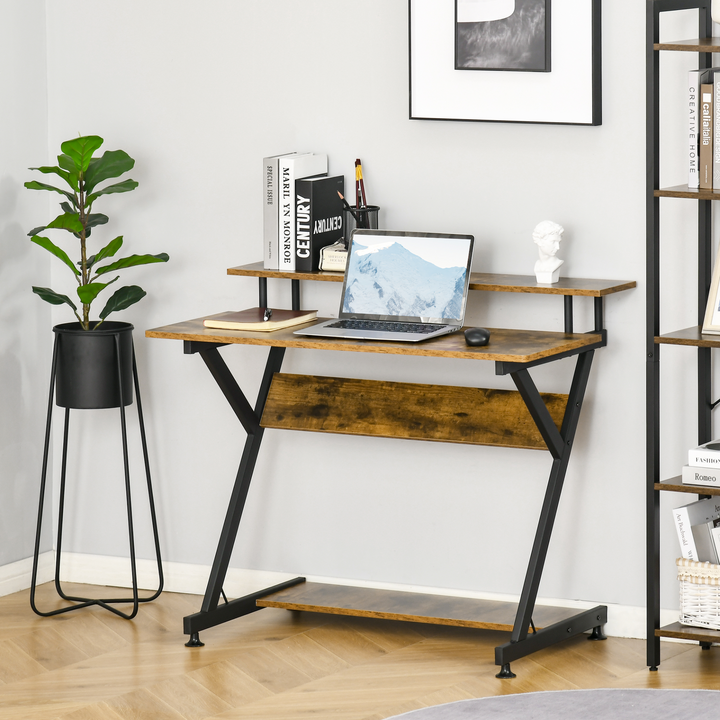 Compact Computer Table, Z Shape Desk with Monitor Shelf and Storage for Home Office, 100cm, Brown - Premium  from Home Treasures - Just £71.99! Shop now at Home Treasures