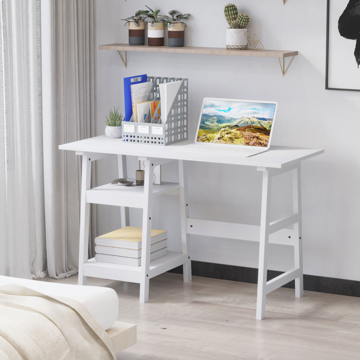 White Compact Computer Desk with Storage Shelves - PC Table Workstation for Home Office & Study Rooms - Premium  from Home Treasures - Just £84.99! Shop now at Home Treasures